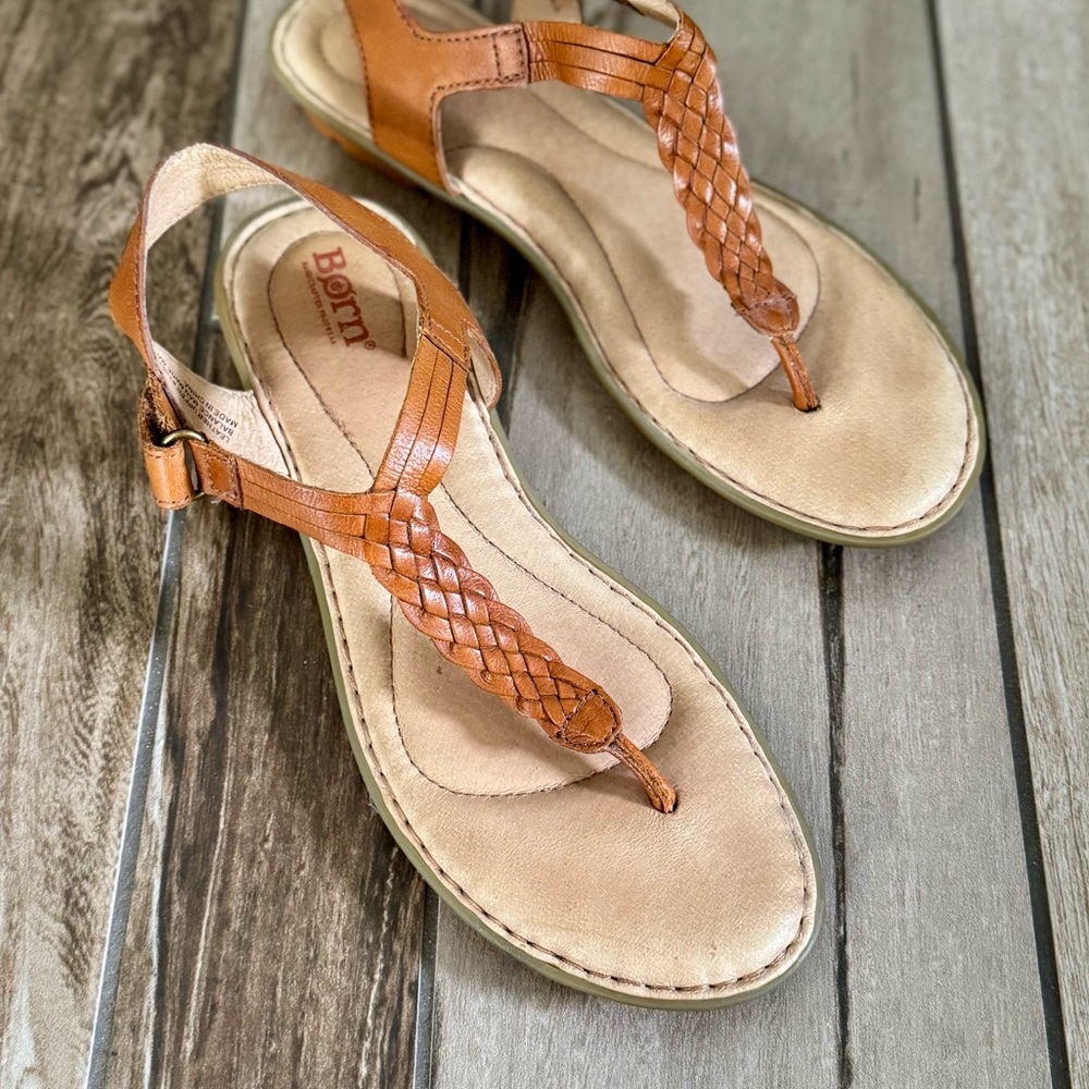 BORN Yarrow Braided Leather Ankle T-Strap Flat Sandals, Cognac Tan sz. 8M - Picture 12 of 16